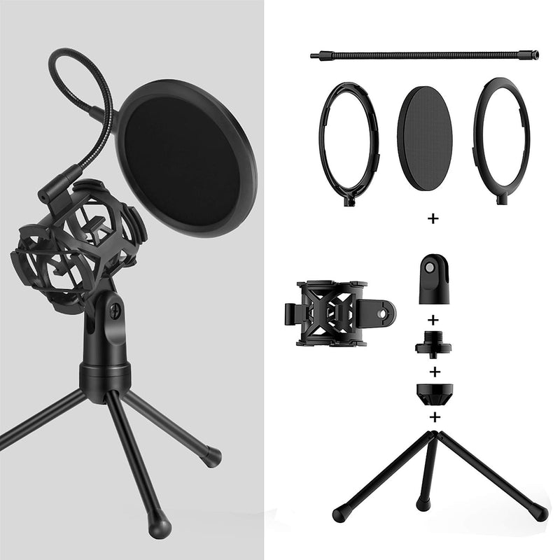 Black Desktop Microphone Tripod Stand with Shock Mount Microphone Holder & Pop Filter Mask Shield, Adjustable Portable for Studio Vocal Recording Podcasts, Music Recording, Online Chat, Lectures