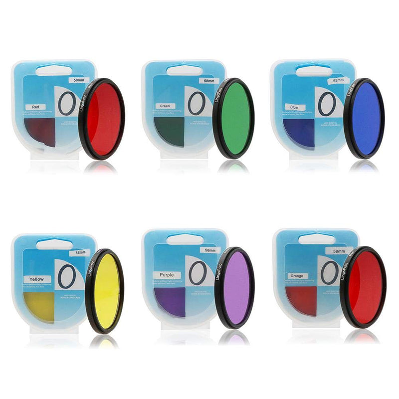 LingoFoto 6pcs Round Full Color Lens Filter Set Red Orange Yellow Green Blue Purple+ 6 Pockets Filter Pouch+3 Lens Cleaning Tool (58mm) 58mm