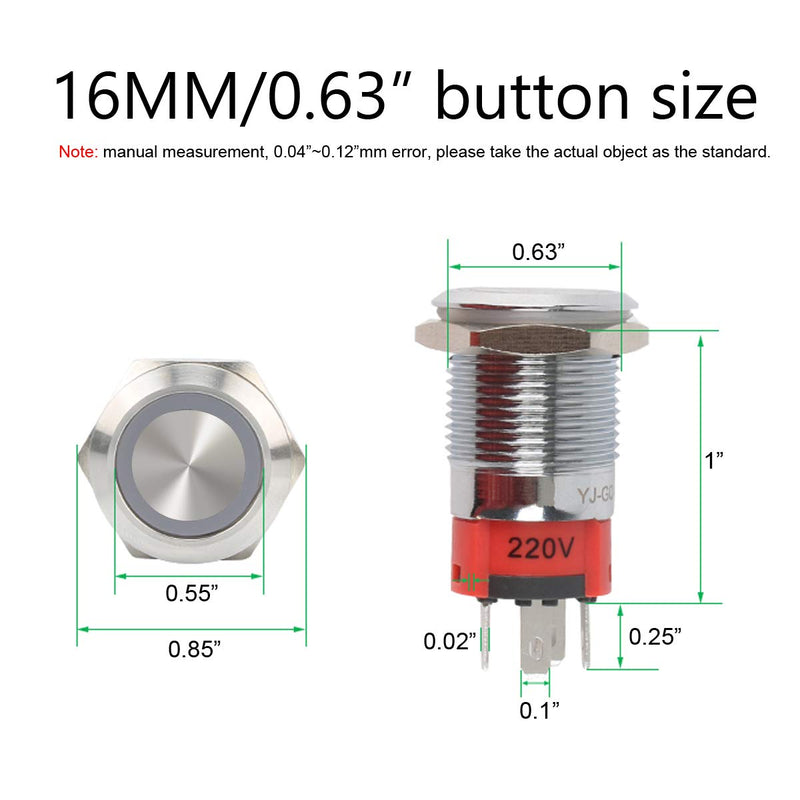 TWTADE 16mm IP65 Waterproof Latching Metal Push Button Switch 5/8'' 5A DC12V Stainless Steel Shell (White) LED Ring Switch 1NO 1NC with Wire Socket Plug YJ-GQ16BF-L-W White 16mm-Latching-Flat Head