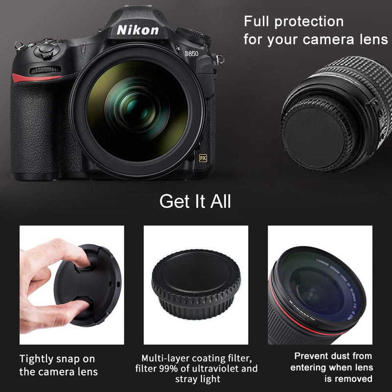 RENYD 62mm Nikon UV Fliter & 62mm Front Lens Cap & Rear Lens Cap & Body Cap Replacement for Nikon AF-S Nikkor 60mm f/2.8G ED Protective Anti-dust Camera Lens Protector Snap on Center Pinch