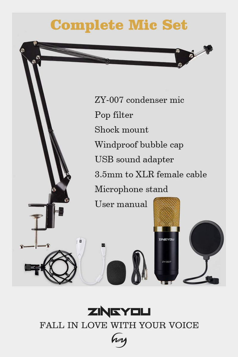 ZINGYOU Condenser Microphone Bundle, ZY-007 Professional Cardioid Studio Condenser Microphone and Adjustable Suspension Scissor Arm Stand with Shock Mount, Pop Filter for Recording&Broadcasting(gold) Gold