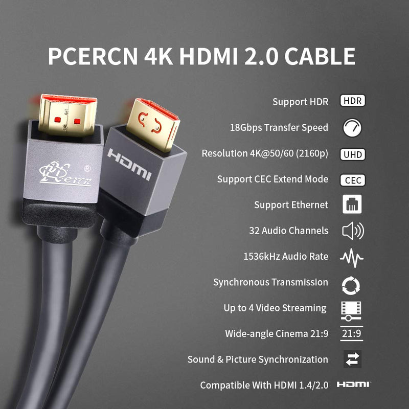 PCERCN 4K HDMI Cable 10ft, HDMI 2.0 Cable with Latches Connector 30 AWG OFC Copper Core, High Speed 18Gbps 4K@60Hz, Support Ethernet/Audio Return Channel for TV Xbox PS4 Computer 10 Feet
