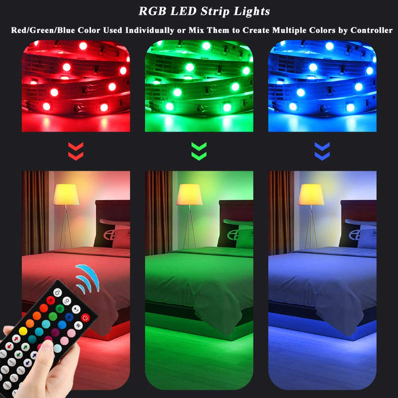 EVISWIY Christmas LED Strip Lights 50 ft for Bedroom with Remote 44 Key IR SMD Color Changing 5050 RGB Flexible LED Tape Lights Lighting for Ceiling Room Under Cabinet Bar Christmas 50ft