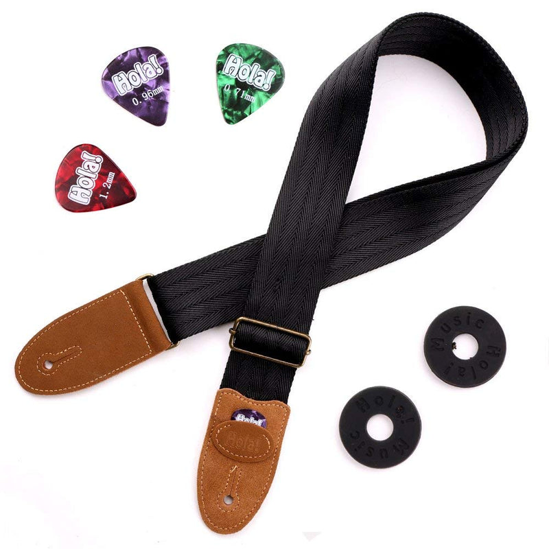 Guitar Strap for Acoustic, Electric and Bass Guitars, Straps Fits also Mandolins and Ukuleles by Hola! Music, Pro Series with Genuine Leather Ends, Pick Pocket, 3 Picks and 2 Strap Locks - Black