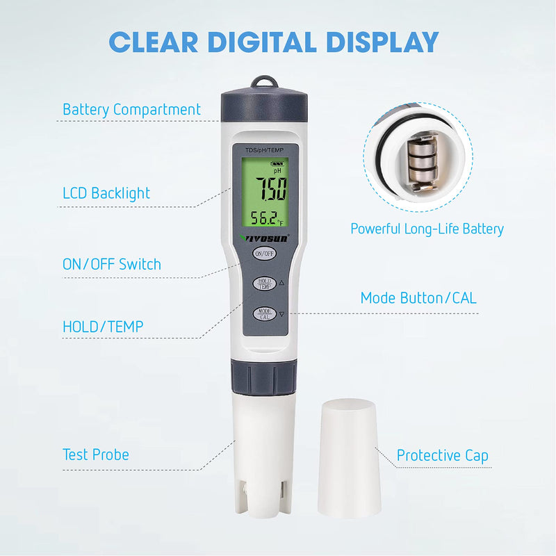 VIVOSUN 3-in-1 Digital pH Meter with ATC, ±0.1 pH Accuracy Water Quality Tester, 0-14.0 pH Measurement Range for Hydroponics, Household Drinking, Pool and Aquarium Gray