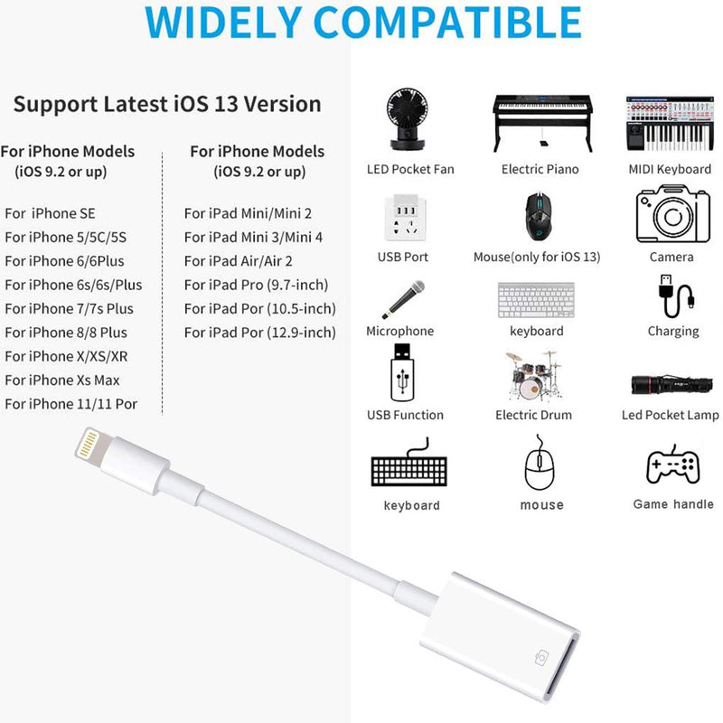 (2 Pack) Apple Lightning to USB Camera Adapter USB 3.0 OTG Cable Adapter MFi Certified Compatible with iPhone,USB Female Supports Connect Card Reader,U Disk,Keyboard,Mouse,USB Flash Drive - Plug&Play