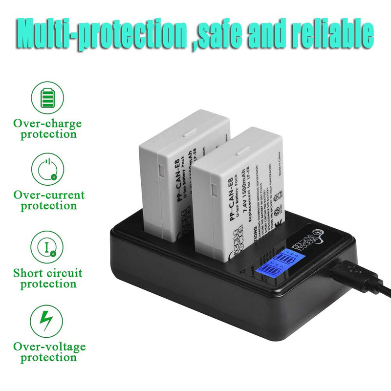 Pickle Power LP-E8 Battery(2 Pack) and LCD Dual Rapid Charger Compatible with Canon Rebel T3i T2i T4i T5i EOS 700D 650D 600D 550D Kiss X5 X4 Kiss X6