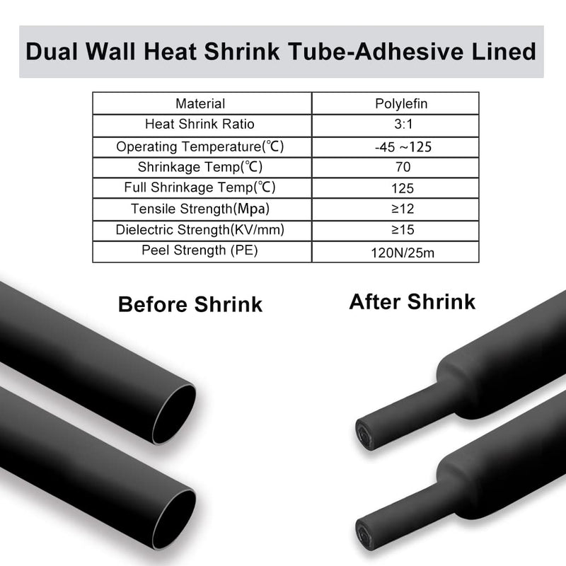 Industrial Heat Shrink Tubing Kit,AIRIC 300pcs 3:1 Heat Shrink Tube Adhesive Lined - Dual Wall Tube - Marine Heat Shrink Tubing Black, 7 Sizes(Diameter): 3/4, 1/2, 3/8, 1/4, 3/16, 1/8, 3/32 inch KIT-black-300pcs 300