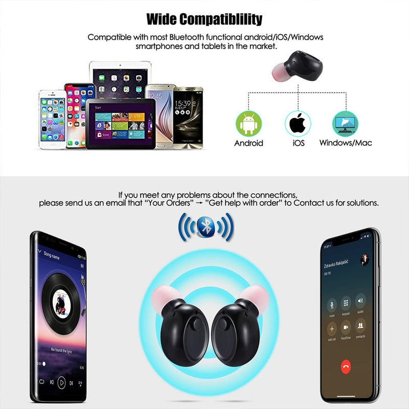 PChero Mini Bluetooth Earbuds, Truly Wireless Invisible Headphone with Built-in Mic and Charging Box, Ideal for iOS Android Smartphones Tablets (Black, Double Ears)