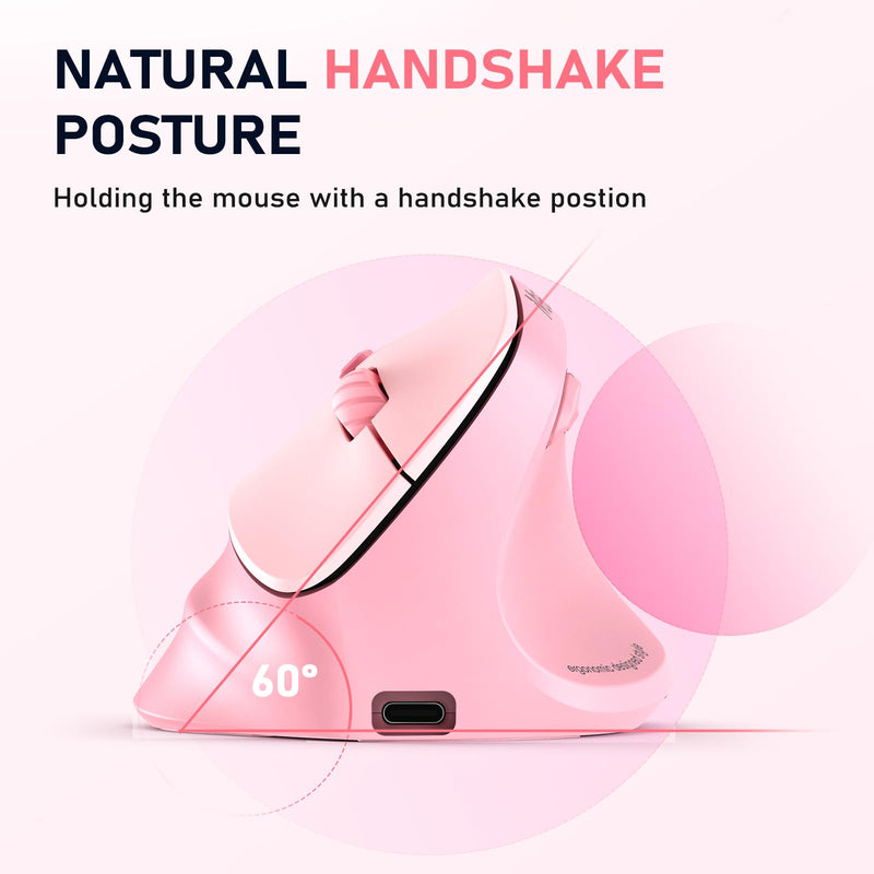 MEETION Ergonomic Mouse, Wireless Vertical Mouse RGB Backlit Rechargeable Mice for Bluetooth(5.2 + 3.0) & USB-A with Type-c Adapter 4 Adjustable DPI Compatible Mac/Windows/Andriod/PC/Tablet/iPad Pink Right-Handed