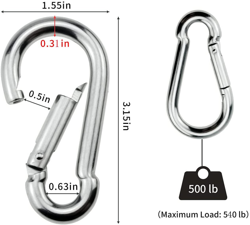 DOPHYRANIX 3 Inch Carabiner Spring Snap Hook Steel Clip Link Buckle Heavy Duty 8x80mm 10 Pcs for Outdoor Camping Hiking Hammock Swing, White