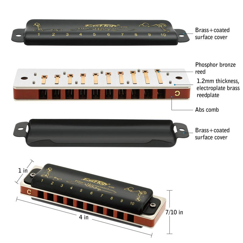 East top Harmonica, Blues Harmonica key of Paddy C, 10 Holes 008K Blues Harp Mouth Organ Diatonic Harmonica for Adults, Professionals and Students