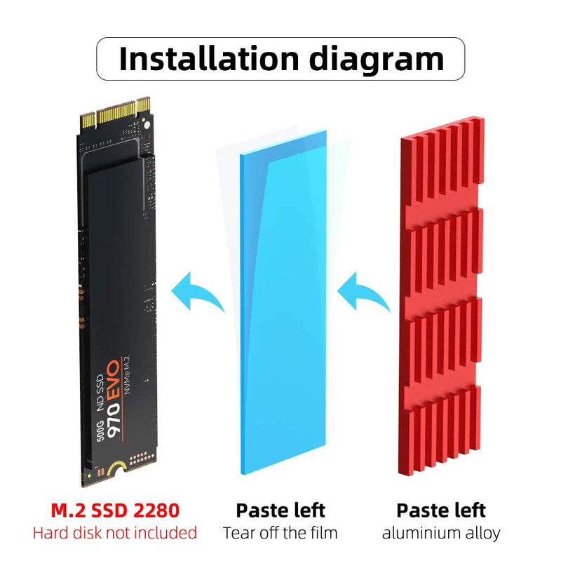 AOJUE Universal M.2 Heatsink NVME Heatsink SSD Heatsink Cooler for 2280 M.2 SSD with Silicone Thermal Pad (red) red