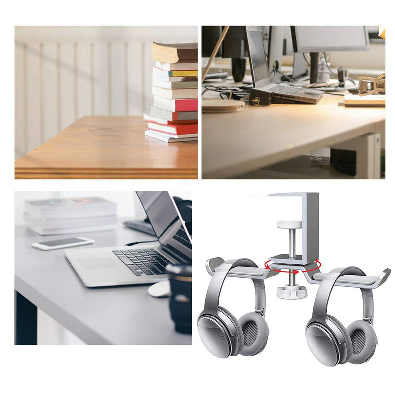 Under Desk Dual Headphone Stand, 360 Degree Rotating Headset Hanger Holder with Adjustable Rotating Arm Universal Headphone Display Shelf Compatible for All Headphones (Sliver) sliver