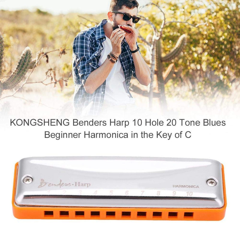 10 Hole Harmonica, Benders Harp Key of C 10 Hole 20 Tone Beginner Blues Harmonica with Case and Cleaning Cloth(orange) orange
