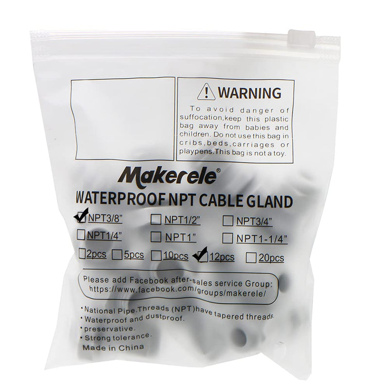 MAKERELE NPT 3/8” Grey Nylon Cable Glands, IP68 Waterproof Strain Relief Cord Connector NPT 3/8" 12PCS