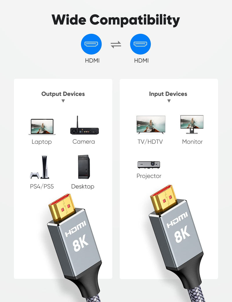 8K 60HZ HDMI Cable 2FT/0.7M,Capshi HD 48Gbps High Speed HDMI Braided Cord-4K@120Hz 8K@60Hz, DTS:X, HDCP 2.2 & 2.3, HDR 10 Compatible with TV, PS4 PS5,Monitor,PC and More 2 Feet