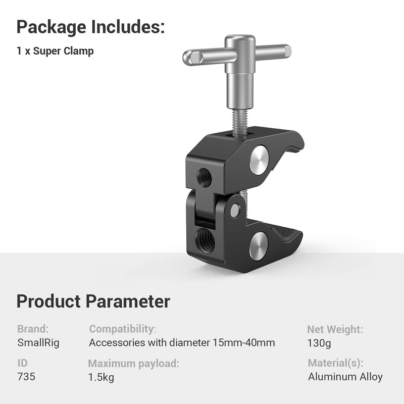 SMALLRIG Super Clamp with 1/4 and 3/8 Thread for Cameras, Lights, Umbrellas, Hooks, Shelves, Plate Glass, Cross Bars, etc - 735