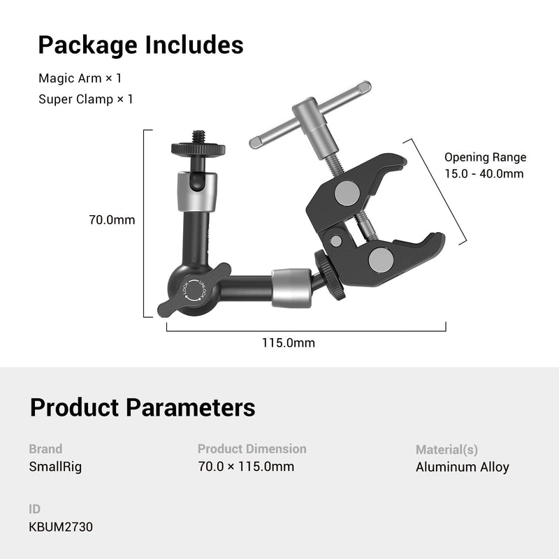 SmallRig Super Clamp w/ 1/4" and 3/8" Thread and 5.8 Inches Adjustable Friction Power Articulating Magic Arm with 1/4" Thread Screw for LCD Monitor/LED Lights - KBUM2730