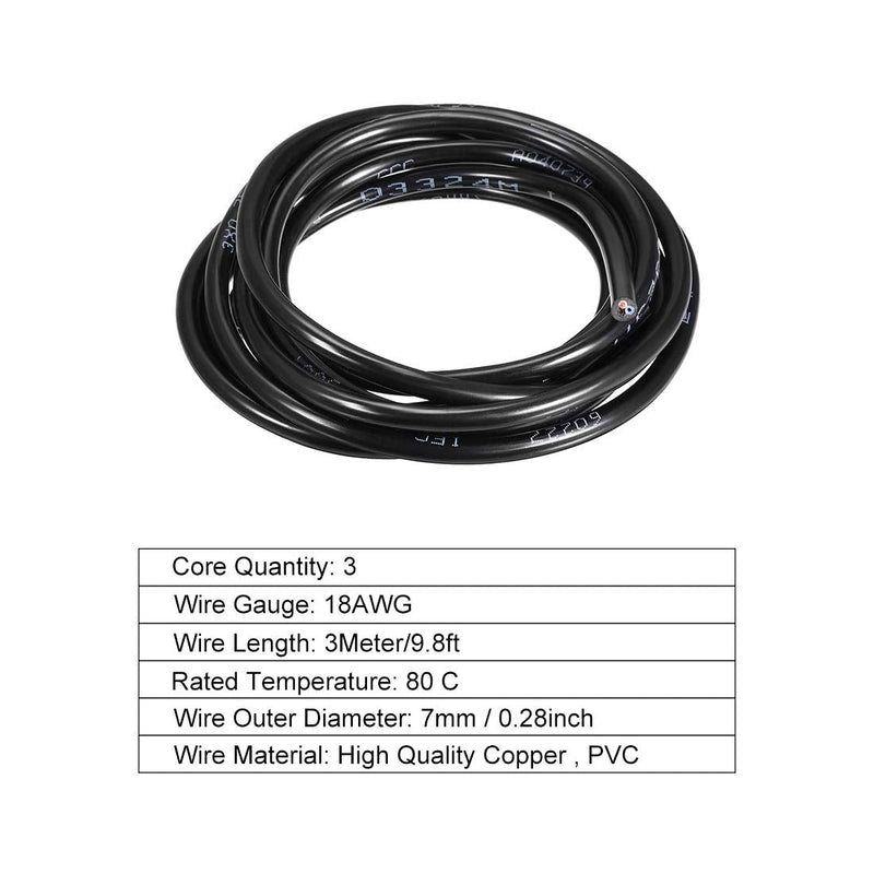 uxcell RVV Wire Cable Extension Cord Copper Wire Electric Conductor 3 Core 18 AWG 3Meter/9.8ft Length 9.8ft