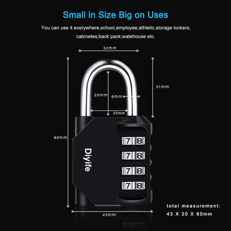 Combination Padlock, [2 Pack]Diyife 4 Digit Combination Lock, Padlock for School Gym Locker, Filing Cabinets, Toolbox, Employee Locker, Fence, Hasp, Outdoor Storage, Parking Lock, etc.(Black) Black2