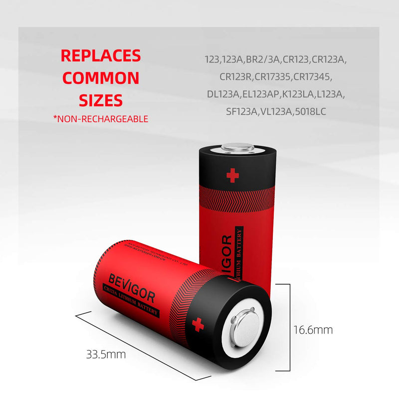 Bevigor CR123A Lithium Batteries 3v Lithium Camera Batteries (10-Pack 1500mAh) Long Lasting Lithium Battery for Arlo Camera Alarm Sensors Flashlight Microphones etc【Non-Rechargeable】