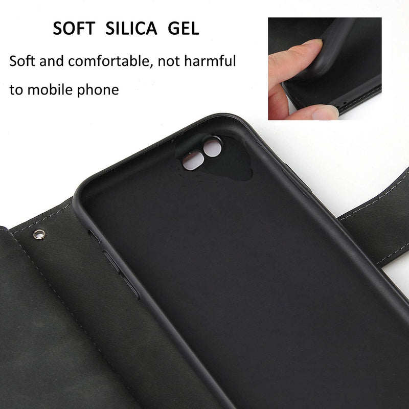 UEEBAI Wallet Case for iPhone SE 2020 iPhone 7 iPhone 8, Premium Vintage PU Leather Magnetic Closure Handbag Zipper Pocket Kickstand Card Holder Slots with Wrist Strap Shockproof Flip Case - Black