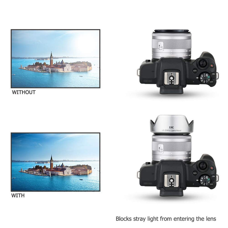 JJC Lens Hood Shade for Canon EF-M 15-45mm f/3.5-6.3 is STM Lens on Canon EOS M50 Mark II M50 M5 M6 Mark II M200 M100 M10 Replace Canon EW-53 Hood -Silver Silver