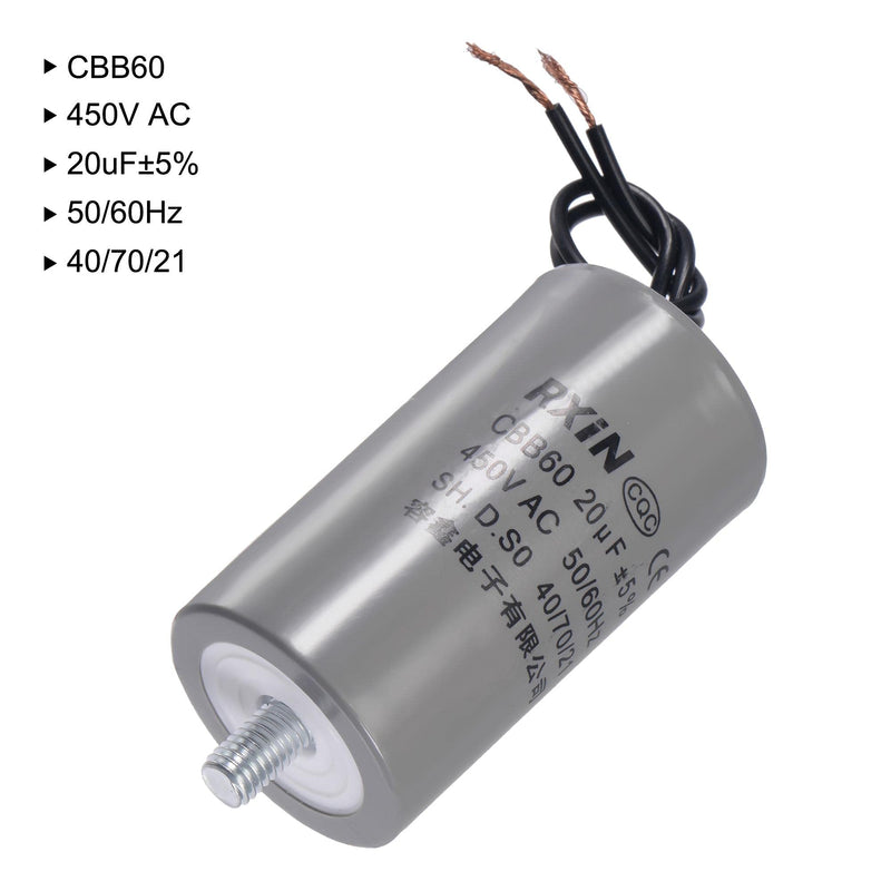 uxcell CBB60 Run Capacitor 20uF 450V AC 2 Wires 50/60Hz Cylinder 74x40mm with M8 Fixing Stud for Air Compressor Water Pump Motor