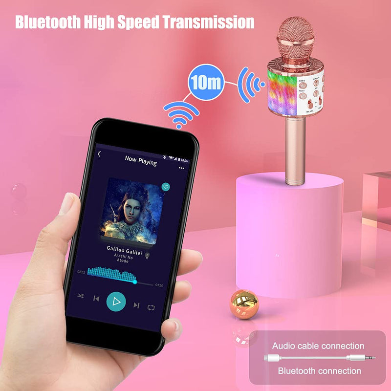 Karaoke Wireless Microphone, Ankuka 4 in 1 Handheld Bluetooth Microphones Speaker Karaoke Machine with Dancing LED Lights, Home KTV Player Compatible with Android & iOS Devices for Party/Kids Singing Rose gold