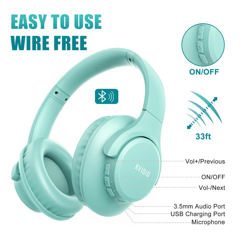 KVIDIO [Updated] Bluetooth Headphones Over Ear, 65 Hours Playtime Wireless Headphones with Microphone,Foldable Lightweight Headset with Deep Bass,HiFi Stereo Sound for Travel Work Cellphone (Green) Green