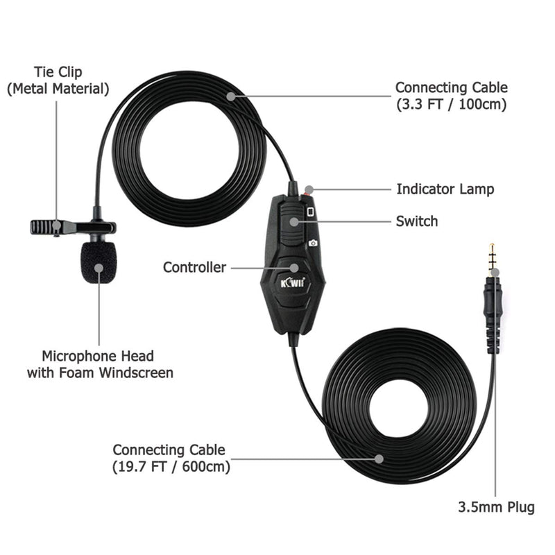 KIWIFOTOS Lavalier Microphone, Professional Clip-on Lapel Mic Omnidirectional Condenser with 7M Cord for Camera/Smartphone for Recording Interview Video Vlog Conference Podcast Voice Dictation Single-Head Mic