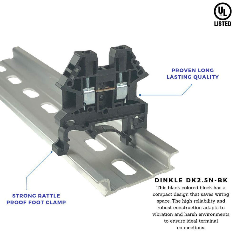 Dinkle Black DK2.5N-BK DIN Rail Terminal Block Screw Type UL 600V 20A 12-22AWG, Pack of 50