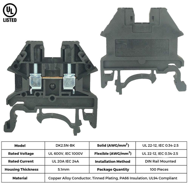 Dinkle Black DK2.5N-BK DIN Rail Terminal Block Screw Type UL 600V 20A 12-22AWG, Pack of 50