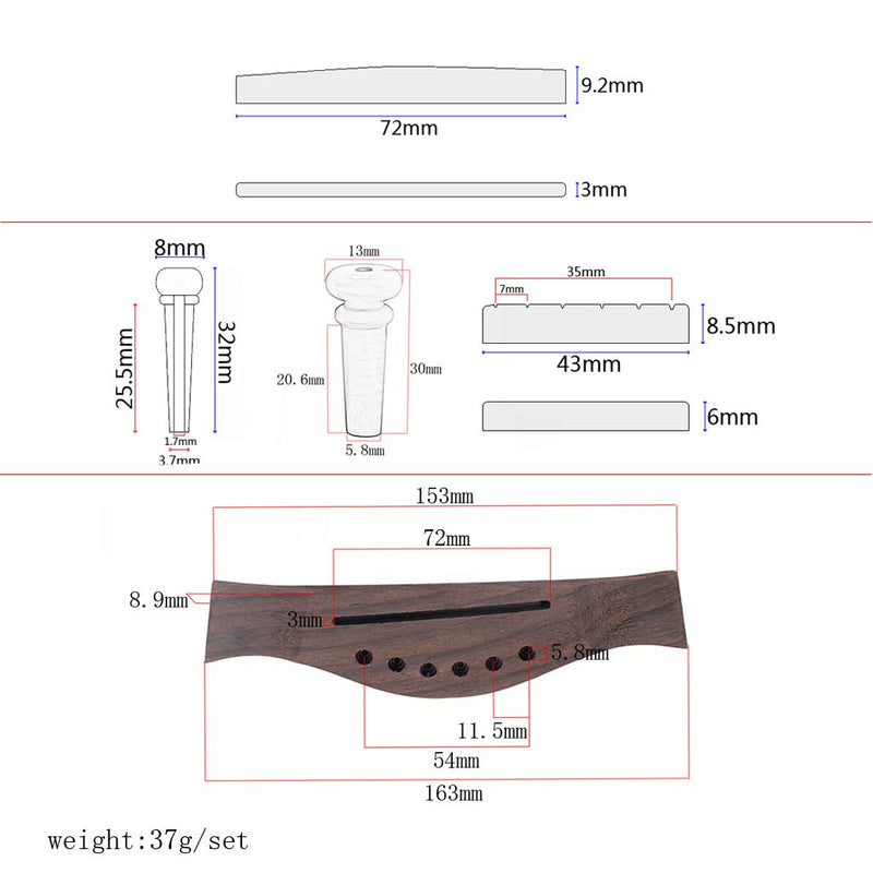 Alnicov Quality Rosewood Guitar Bridge With Parts Plastic Saddle Nut Bridge Pins Tailpiece 1Set