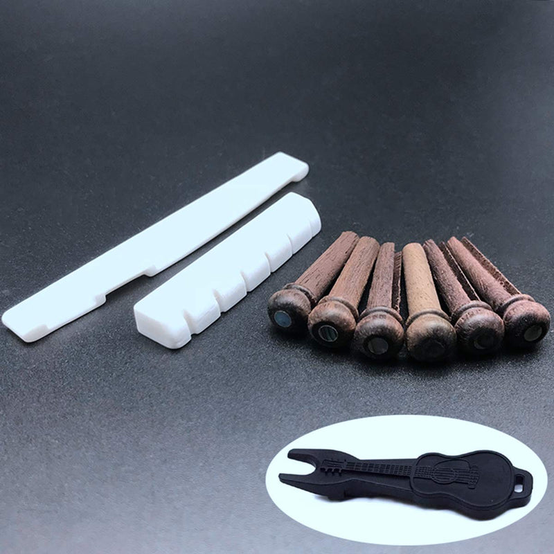 Alnicov Acoustic Guitar Bone Bridge Saddle & Nut Set and 6Pcs Rosewood Guitar Bridge Pins with Pins puller for 6 String Acoustic Guitar