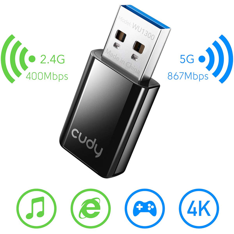 Cudy WU1300 AC 1300Mbps WiFi USB Adapter for PC, USB 3.0, USB WiFi Dongle, 5Ghz /2.4Ghz, WiFi USB, USB Wireless Adapter for Desktop/Laptop, Compatible with Windows Vista /7/8/8.1/10, mac OS, Linux