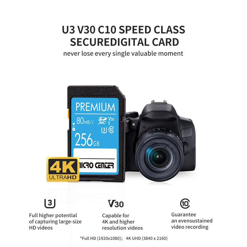 Premium 256GB SDXC Card by Micro Center, Class 10 SD Flash Memory Card UHS-I C10 U3 V30 4K UHD Video R/W Speed up to 80 MB/s for Cameras Computers Trail Cams (256GB)