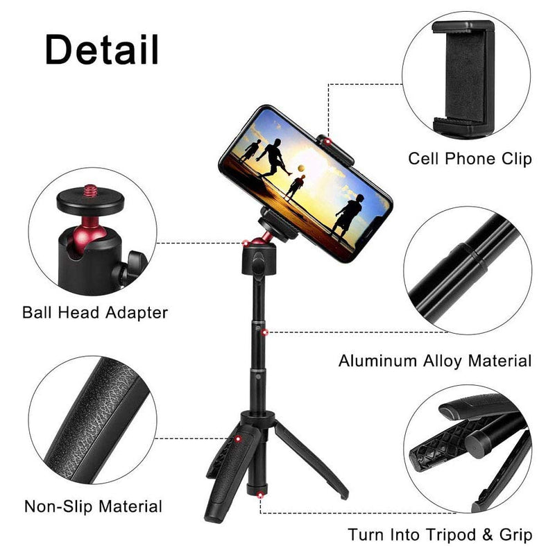 Mini Selfie Stick Extendable Handheld Tripod 2 in 1，Compatible with Various Action Cameras and iPhone/Samsung/Google Smartphone Clamp for Selfie Travel Vlogging, 1/4" Inch Screw Mount Ballhead Tripod