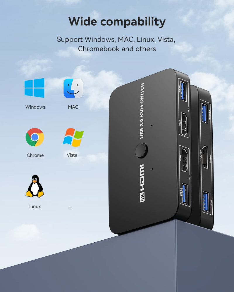 ABLEWE KVM Switch, Aluminum KVM Switch HDMI,USB Switch for 2 Computers Sharing Mouse Keyboard Printer to One HD Monitor, Support 4K@60Hz,2 HDMI Cables and 2 USB Cables Included(Black) Black