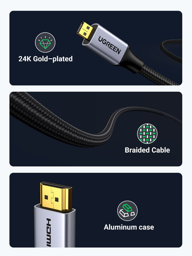 UGREEN 4K 60Hz Micro HDMI to HDMI Cable 6.6FT, Aluminum Shell Braided Micro HDMI 2.0 Cord Support HDR 3D ARC High Speed 18Gbps Compatible with Hero 7 6 5 Sony A6000 A6300 Camera Nikon B500 Yoga 3 Pro