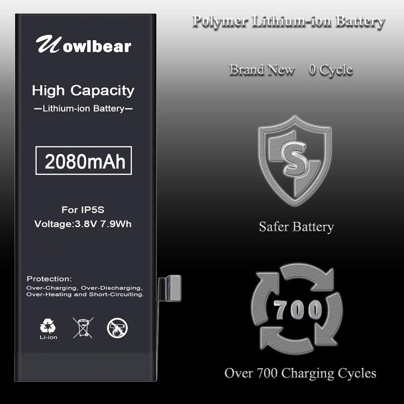 uowlbear 2080mAh Battery for iPhone 5s A1453 A1457 A1518 A1528 A1530 A1533 and iPhone 5c A1456 A1507 A1516 A1529 A1532 with Complete Replacement Kits 0 Cycle -High Capacity