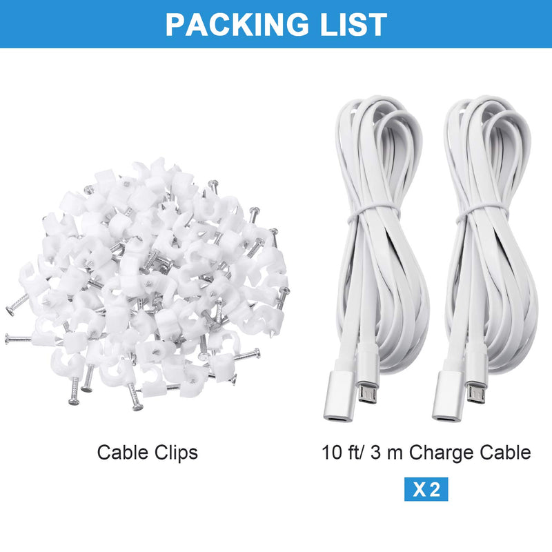Sumind 2 Pack Micro USB Extension Cable 10ft/ 3m Male to Female Extender Cord for Zmodo Wireless Security Camera Flat Power Cable, Cable Clips Included (White) white