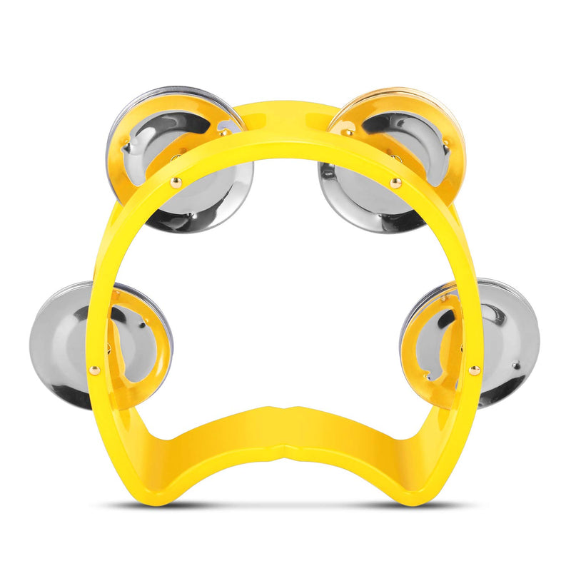 Flexzion Tambourine for Kids Hand Bell Percussion Toddler Musical Instruments Set of 2 Pack (Yellow) - Baby Child Safe Music Toy Half Moon Mini D Handheld Shaker with 4 Pairs Metal Jingle Bells Yellow