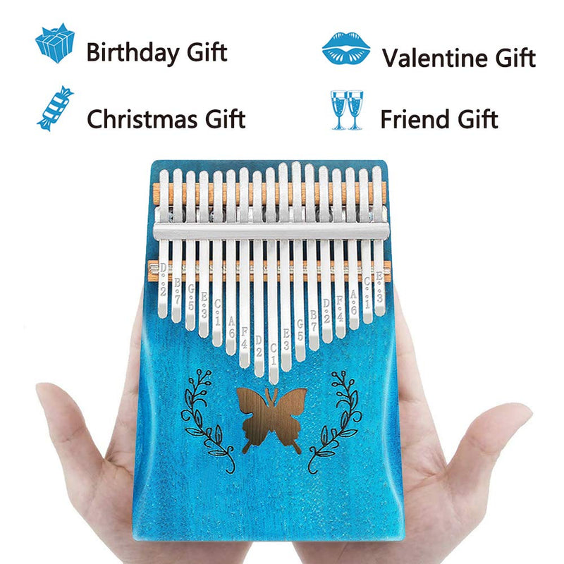 UMORNING Kalimba 17 Keys Thumb Piano Butterfly Pattern Solid Mahogany Wood Portable Finger Piano with Study Instruction and Tune Hammer Gift for Adults, Kids and Beginners A-blue