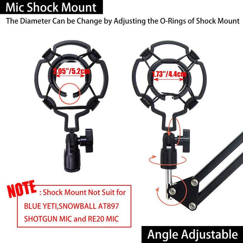 Adjustable Microphone Stand, RINBO Upgrade Mic Arm Kit, with Mic Shock Mount, Universal Mic Clip, Table Mounting Clamp, 3/8'' to 5/8'' Screw Adapter, Sound Shield Guard, for Most of Microphones (1) 1