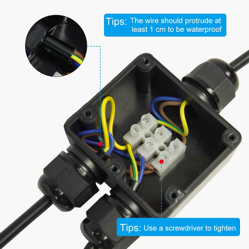 Junction Box Waterproof IP68 3 Way Plug Line M25 Coaxial Cable Connector Wire Range 5 to 15mm Outdoor External Electric Power Cord Boxes Black 3way