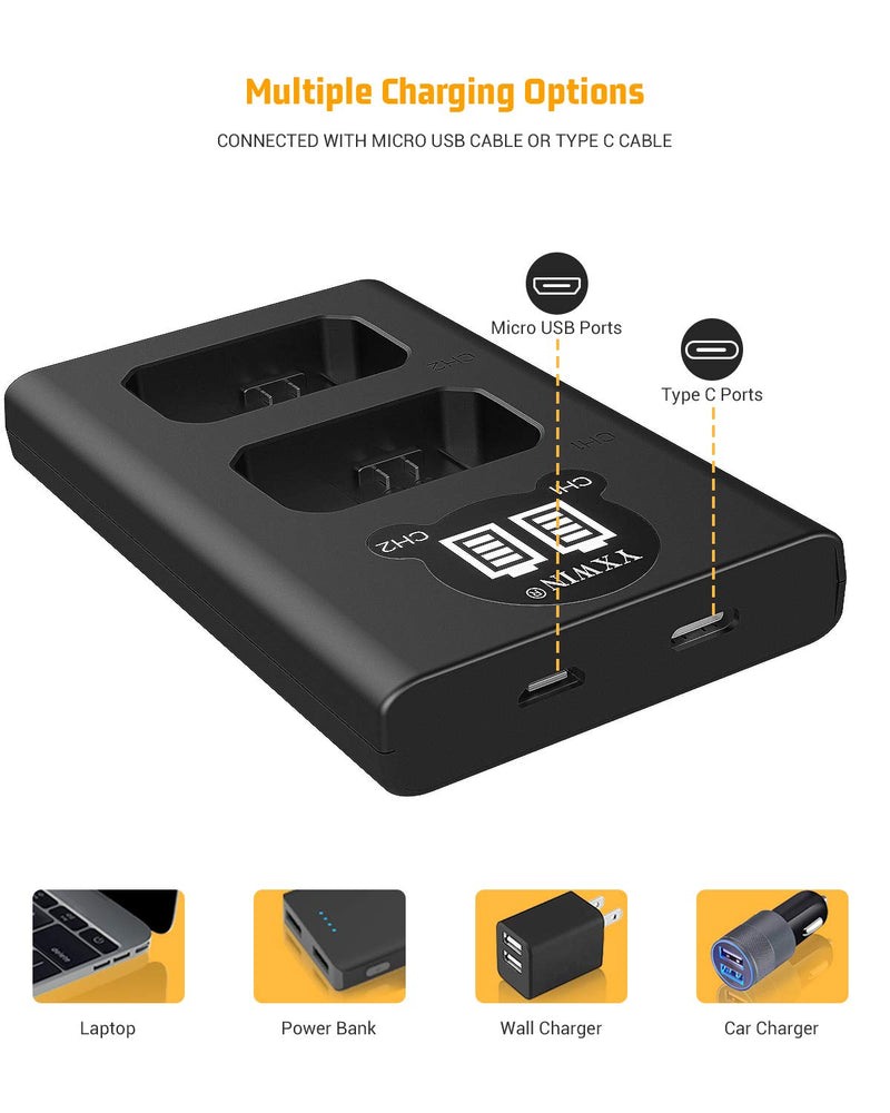 NP-FW50 YXwin Camera Battery Charger Set and Batteries for Sony A6000, A6500, A6300, A7, A7II, A7RII, A7SII, A7S, A7S2, A7R, A7R2, A5100, RX10 Accessories (2-Pack, USB C & Micro USB Ports, 1200mAh)