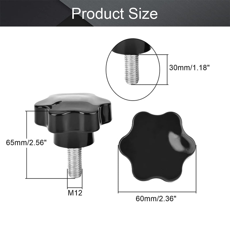 [AUSTRALIA] - MroMax 2PCS M12x30mm Star Handle Knob Thread Replacement Tightening Screw Quick Disassembly Replacement Parts Clamping Handle Grip Screw Knob Black M12 x 30mm 60mm Head Dia 