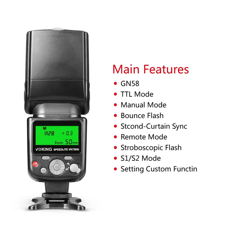 Voking VK750III Remote TTL Speedlite Slave Mode Flash with LCD Display for Canon DSLR Standard Hot Shoe Cameras EOS Rebel 5DS 5DSR 5S Mark IV 5D Mark III 6D 6D Mark II 7D 70D 77D 80D